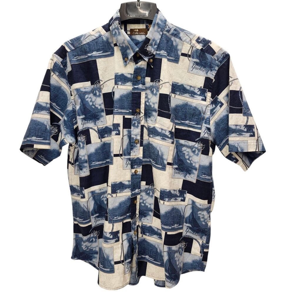 Cafe Luna Yachting Button-Up Shirt Mens Large Blue Ivory Resortwear Nautical